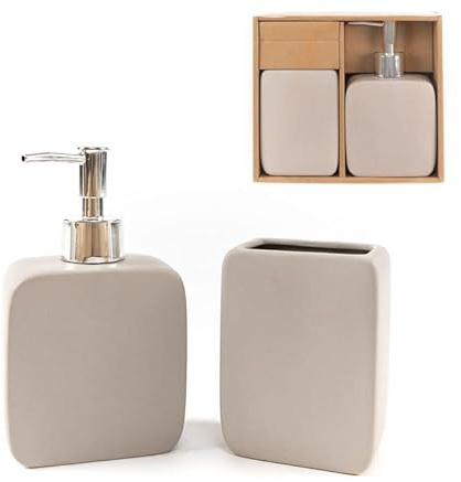 ROCKING GIFTS Juego de Baño 2 Piezas Jabonera y Vaso Natural Ceramica 17 cm