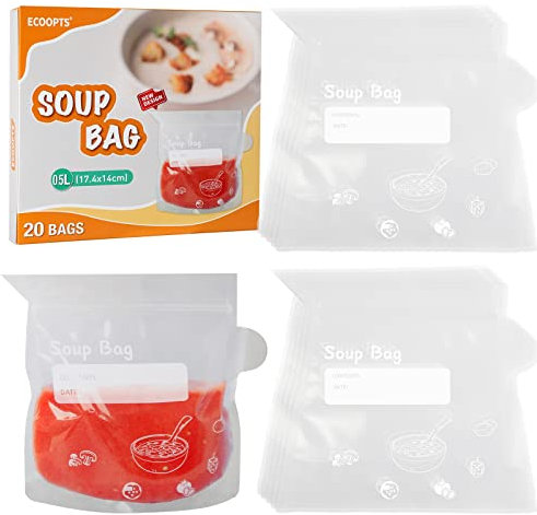 ECOOPTS Suppen-Gefrierbeutel, 500 ml ~ 1000 ml Fassungsvermögen, wiederverwendbare Suppen- und Soßen-Aufbewahrungsbeutel (20 Stück)