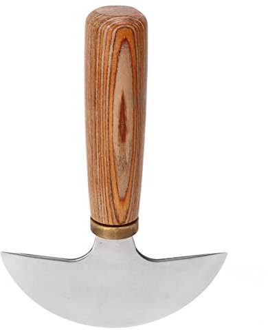 Focket Coltello a Testa Tonda in Pelle, Coltello a Mezza Luna in Acciaio ad Alto tenore di Carbonio con Manico in Legno di Noce, Coltello Rotondo per Artigianato in Pelle Fai da Te