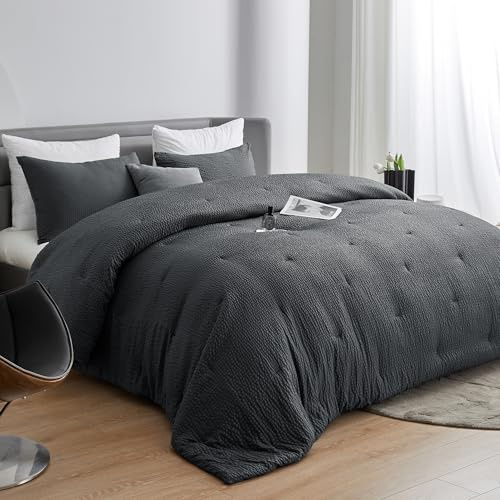 HOMBYS 3 Piece Seersucker Oversized King Comforter Set 128x128, Breathable Grey Soft Comforter Set, Lightweight Bedding Comforter Sets with Comforter for All Season