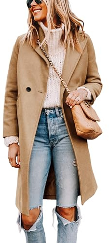 Tanming Women's Notch Lapel Double Breasted Wool Blend Mid Long Pea Trench Coat (Khaki-M)