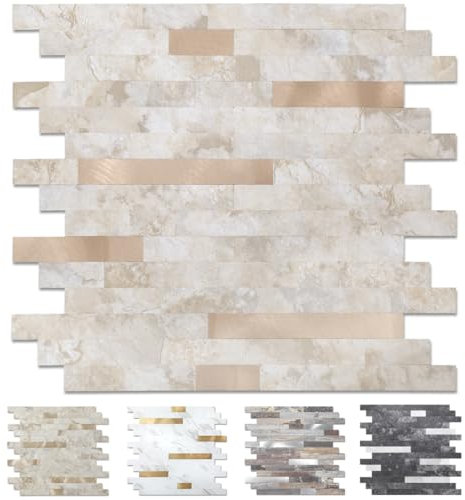 Yipscazo 10 fogli di piastrelle adesive in pietra metallica per paraschizzi, per cucina, bagno, lavanderia, camper, camino (30,5 x 30,5 cm, ecru)