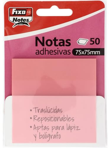 Fixo Notes | Transparente Haftnotizen | 50 Notizen 75 x 75 mm | aus Kunststoff | Pastellrosa | wiederverwendbar und wasserdicht | für Aesthetic Schreibwaren-Liebhaber | Ideal als Schulbedarf