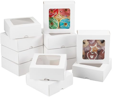 NBEADS 10 Stk. Quadratische Geschenkbox mit Fenster, 13x13x5cm Geschenkverpackungsbox Faltbare Papierschachteln Keks-Boxen Bäckerei Boxen für Hochzeit Party Supplies Leckereien Bäckerei, Weiß