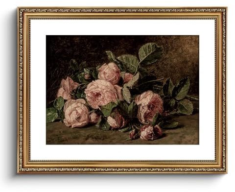 ARPEOTCY Große Wandkunst, Vintage-Stil, goldgerahmt, Retro-Stillleben, rosa Rosen, Leinwanddrucke, Kunstwerk mit antikem Rahmen, viktorianische Wandgemälde, Dekoration für Wohnzimmer, Galerie, 40,6 x