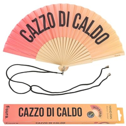 Fisura – Ventaglio originale con messaggio “Cazz* di caldo”. Ventaglio in legno moderno e divertente. In toni rossi. Con cordino. Dimensioni: 42,5 x 23 cm.