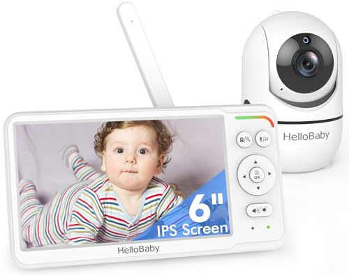 HelloBaby Monitor de Bebé con Pantalla IPS de 6, Sin WiFi, Batería 30h, Pan-Tilt 355°, Visión Nocturna Alcance 1000 Pies, Portátil con Alerta de Temperatura, Canciones de Cuna y Modo VOX