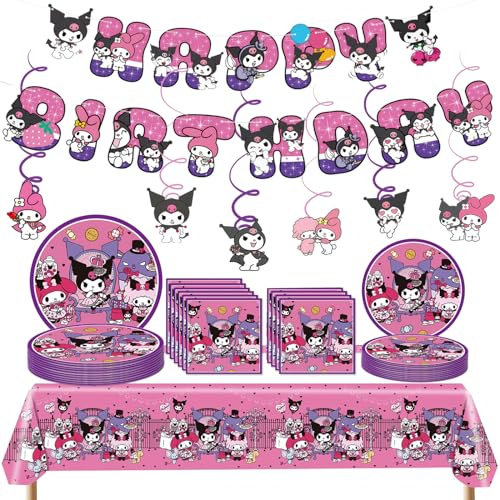 32Pcs Cute Cartoon Party Decorations Set - Tableware with Banner, Plates, Napkins, Table Cloth - Lovely Pink-Purple Theme for Boys & Girls