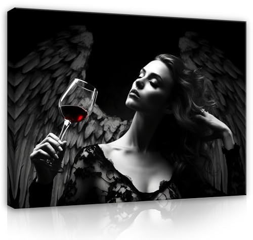 WallArena Leinwand Bilder 60x40 cm | Frau Engel Wein Schwarz, Leinwandbilder, Bild auf leinwand, Format: 60x40 cm (BxH) - einteilig auf Canvas Leinwand