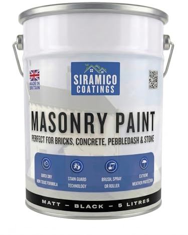 SIRAMICO COATINGS Masonry Paint | 5 Litres | Waterbased ECO Resin Technology | 7 Luxury Colours | Smooth Matt Finish for outdoor masonry protection | 10 Year Colour Guarantee (BLACK)