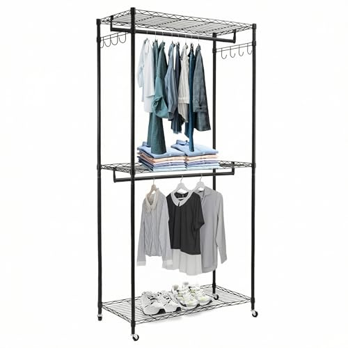 QWORK® stand appendiabiti, porta abiti a doppia asta per carichi pesanti con ripiani regolabili, ruote bloccabili e ganci, 90 * 43.5 * 180 cm