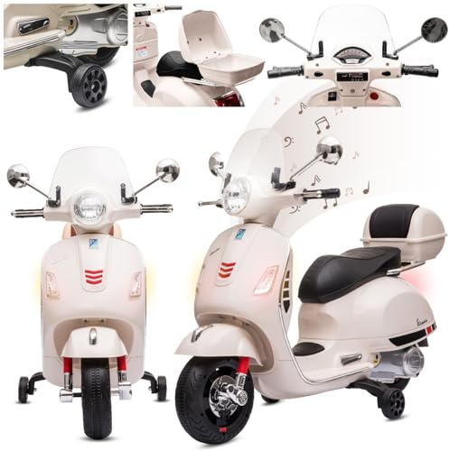 Vespa Elektro Kindermotorrad ab 3 Jahren mit Kunststoffräder und -sitze, Kofferraum, MP3-Player, USD MicroSD AUX-Anschluss. Elektroroller, Kinderroller (Weiß) | Räder und Sitz aus Kunststoff, MP3-Player, AUX MicroSD USD, praktische Aufbewahrung, spielerisches und interaktives Fahren