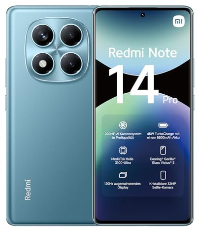 Smartphone Xiaomi Redmi Note 14 Pro, 8+256GB, fotocamera AI di livello professionale da 200MP, batteria da 5500mAh, fotocamera selfie da 32MP, funzionalità AI (caricabatterie non incluso), Blu