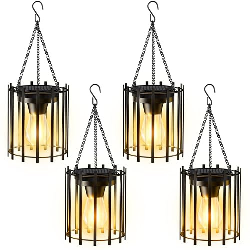 KOOPER Solar Lanterns Outdoor Waterproof, 4 Pack Upgraded Bright Hanging Solar Lights Outdoor Lanterns Decorative, Auto ON/Off Metal Hanging Lantern Lights for Pathway Yard Patio Garden Decor