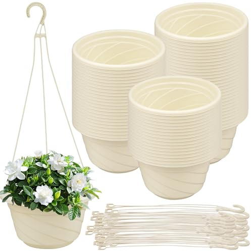 Xaztr 50Pcs Plastic Hanging Planter, Plastic Round Plant Pots Flower Plant Hanging Pots Holders with Hook, Drainage Holes for Outdoor Indoor Plant Balcony Garden Decor, Beige