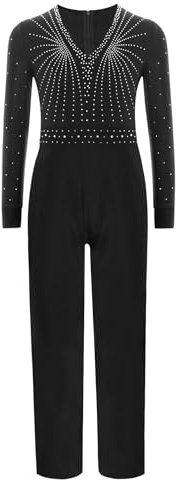CHICTRY Kinder Junge Jazz Tanzkostüm Langarm Ganzkörper Body Strass Glitzer Tanzanzug V-Ausschnitt Oberteil Stretch Hose Latein Standard Tanzkleidung Schwarz 134-140