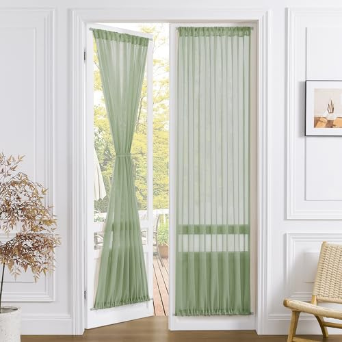 Tollpiz Sheer Door Curtains Closet Linen Textured Curtain Sheers Doorway Light Filtering Voile Patio Door Rod Pocket Curtains French Door, 54 x 80 inches Long, Sage Green, Set of 1 Panel