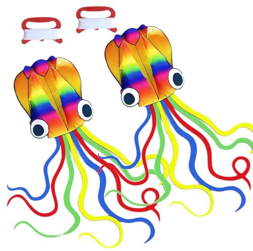 2 PCS Large Rainbow Octopus Kites Long Colorful Easy to Fly with Handle