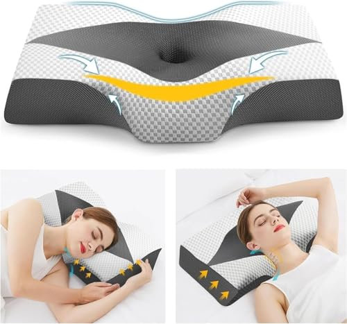 Hypuno Orthopädisches Memory Foam Kopfkissen Nackenstützkissen Gegen Nacken-& Schulterschmerzen mit 2 Höhen & Waschbarem Bezug, Grau–Ergonomisches Schlaf-& Komfortkissen für Seiten- & Rückenschläfer
