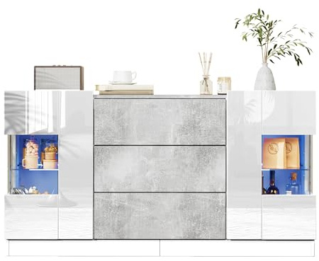 Azkoeesy Moderner Kommode Sideboard 140 cm mit LED, Hochglanz Weiß mit Grau, Wohnzimmervitrine mit Glastüren, 3 Schubladen, TV-Schrank, Buffetschrank, für Büro und Esszimmer