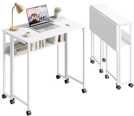 Dripex Klapptisch mit Rollen 80x50 cm, Platzsparender Klappschreibtisch Computertisch Faltbar Tisch mit Stauraum, Schreibtisch Klappbar für Homeoffice Arbeitszimmer, Weiß