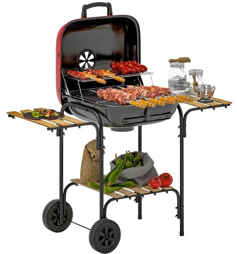 Outsunny Charcoal Barbecue Grill Portable BBQ Grill with 1840 cm² Cooking Area, 3 Shelves, Adjustable Vent, Lockable Lid, Wheels for Outdoor Cooking, Garden Party, Red