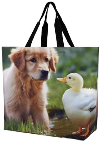 BVKWNTSA Dam stor kapacitet enkel axel shoppingväska, hund och anka tryckt vikbar tygväska, återanvändbar shoppingväska, Hund och en anka, 40x40x16cm