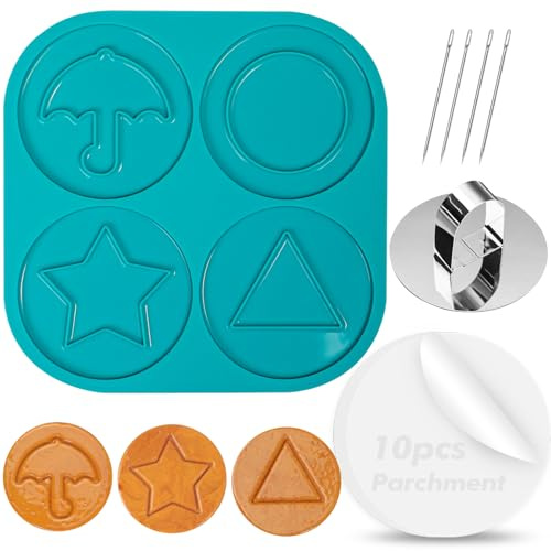 Webake Dalgona Kekse Set Silikon Korea Game Kekse Ausstecherformen Keksformen für Regenschirm, Dreieck, Stern und Runde Kekses mit 1 Presswerkzeug, 4 Nadeln, 10 Silikonöl-Papier