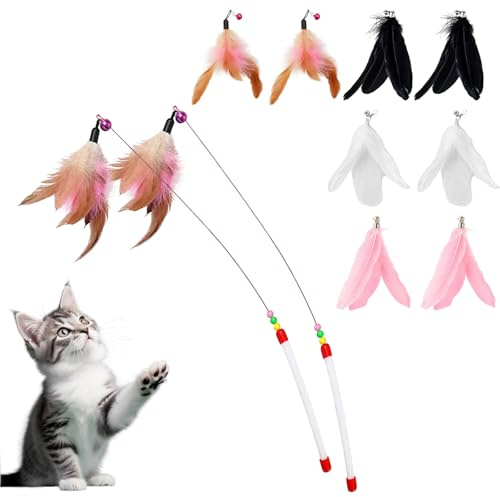 HOTMNTY Interaktives Katzenspielzeug mit Federn, Kätzchen Spielzeug, Cat Skalierbar Federspielzeug, Katzenangel Stabil Toys, Katzenangel Ersatzfedern mit Anhänger Feder Glocke Befestigungen, 10 Stück