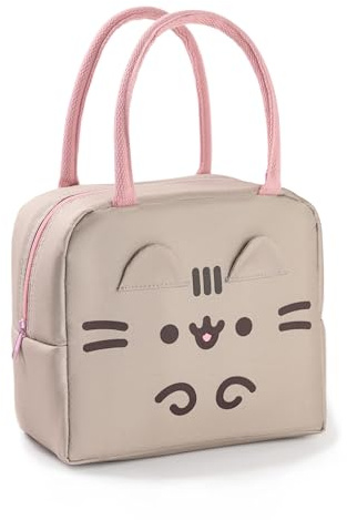 Pusheen Bolsa de almuerzo para mujer | Lonchera marrón y rosa para mujer | Estampado de gato con orejas 3D | Bolsa de almuerzo con cierre cultura pop con dibujos kawaii