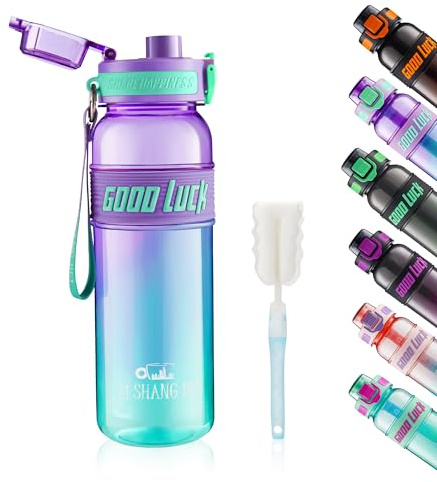 YC Kitchen Botella Agua Motivacional, Botella de Agua de 1Litro para beber, fugas a prueba de fugas y no BPA, Botella Agua Niños Deportiva con correa de paja y transporte