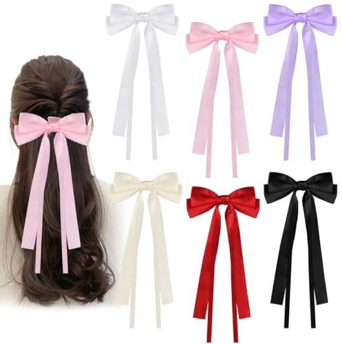 FuxFuis 6 Stück Haarschleife Haarspange Mädchen Haarschleifen Haarspange mit Schleife Damen Haarband Schleife Haare Festival Haarclip für Mädchen (Schwarz, Cremeweiß, Weinrot, Reinweiß, Lila, Pink)