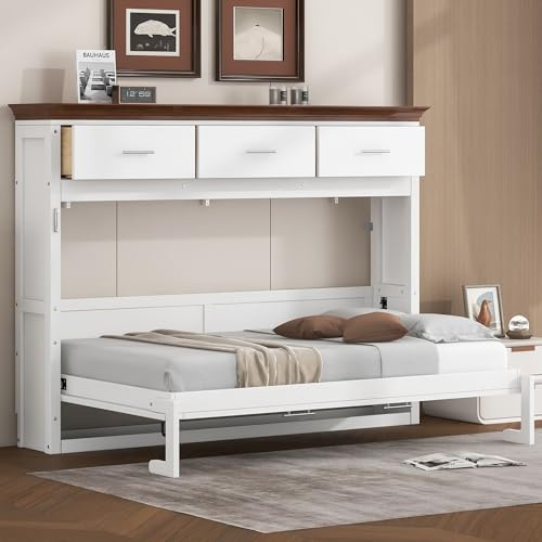 Merax Twin Size Murphy Bed Wall Bed with 3 Storage Drawers, Fold into a Cabinet, Space-Saving Design Foldable Platform Bed Frame, Multifunctional Bed for Bedroom, Guest Room, Home Office, White