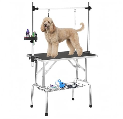 Baohe DC 36'' Stainless Steel Dog Grooming Table, Foldable Pet Grooming Stand, Adjustable Arm, 2 Nooses & 2 Storage Baskets, Anti-Slip Top, 330Lb Capacity, Medium Large Dog Cat Home Salon, Black