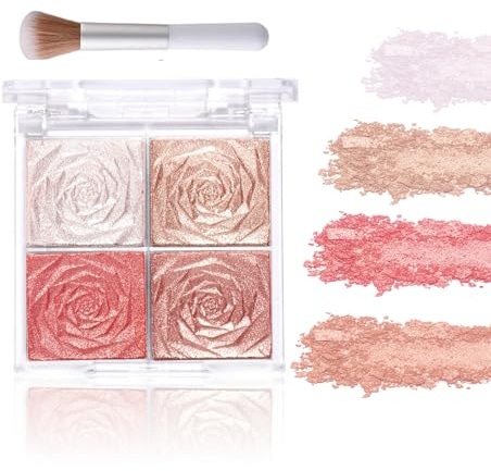 4-In-1 Blush Highlighter Makeup Palette with Brush – Matte & Shimmer Cheek Powder, Bronzer and Glow Highlighter – Long-Lasting Sweat-Proof Contour Makeup with Smooth Lightweight Finish (Rosy Bronze)