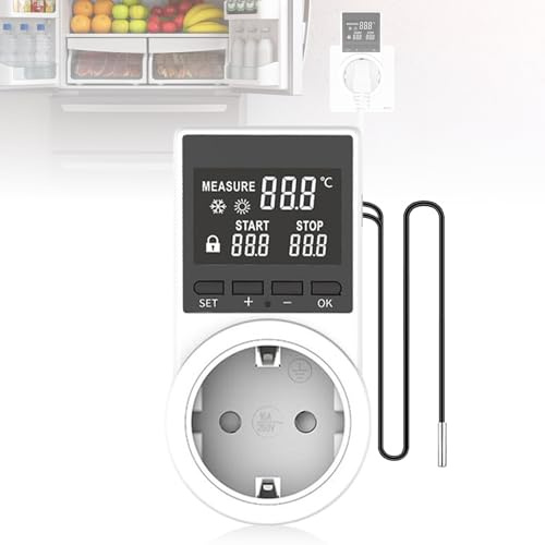 Digital Temperaturregler Steckdose, Digital Thermostat Steckdose mit Fühler Heizung Kühlen Temperaturschalter, 100-250V LED-Display-Thermostatschalter für Gewächshaus, Aquarium