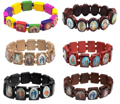 UZEXYA 6 Piezas Rosario De Madera, Pulsera De Jesús, Pulsera Elástica De Cuentas De Colores, Pulsera Católica, Religiosa, Santos Dioses, Regalos Religiosos Para Hombres Y Mujeres (A)