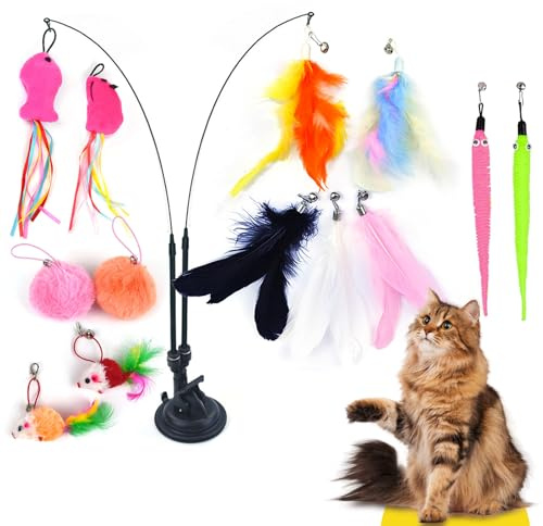 ACETEND Cat Toys,13 PCS Interactive Cat Feather Toys for Indoor with Bells, Sticky Super Suction Cup,2 Feather Wands for Chase, Jump & Play Tools for Kittens & Adult Cats