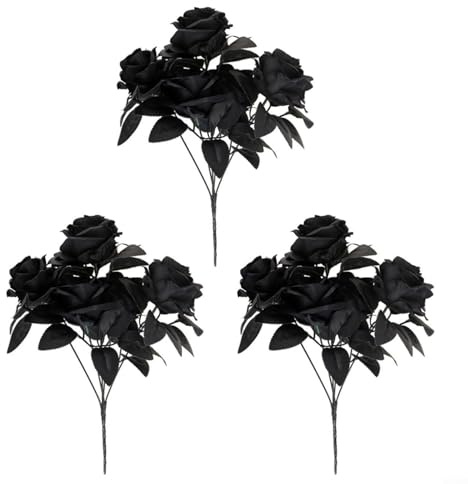 CWOQOCW 3 x 34 cm schwarze Rosenstrauß, künstliche Blumen für Halloween, Spukhaus-Dekoration und saisonale Heimdekoration