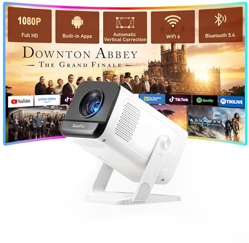 [Mini Beamer & Offizielle Lizenzierte App] XuanPad White Smart Beamer 4K Unterstützung 20000 Lumen mit WiFi und Bluetooth, Tragbarer Native 1080P Outdoor Projektor mit 360° Ständer