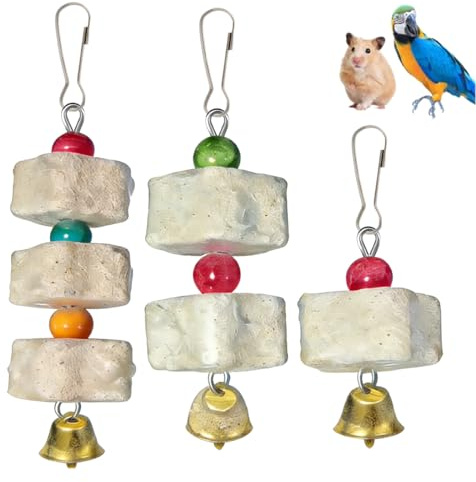 PBAHAUP Pack de 3 Juguetes para Loros para Masticar y Entretener, con Piedra de Calcio y Campana, Juguetes Grandes y Duraderos para Periquitos, Cacatúas, Agapornis y Aves Pequeñas