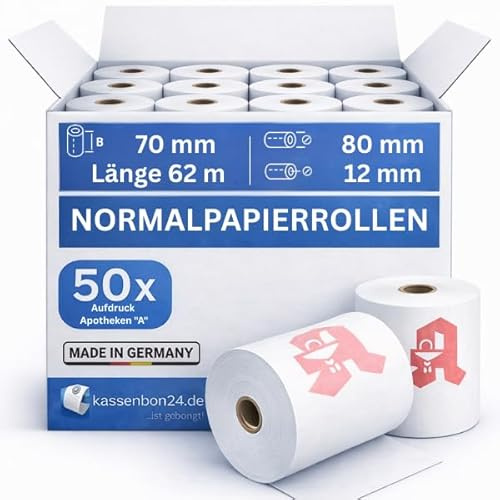 Kassenbon24.de Normalpapierrollen APOTHEKE 70x80x12mm – 62m | 50 Stück | Weißes Kassenpapier für Apothekenkasse Nadeldrucker | Kein Thermopapier | Apothekenrollen