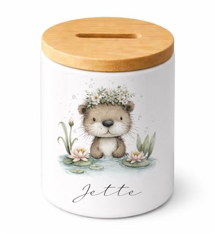Personalisierte Spardose für Kinder mit Namen - Keramik Sparbüchse mit abnehmbarem Bambusdeckel - Individuelles Geldgeschenk zur Geburt & Taufe - Motive: Faultier, Igel, Ente, Otter, Küken (Otter)