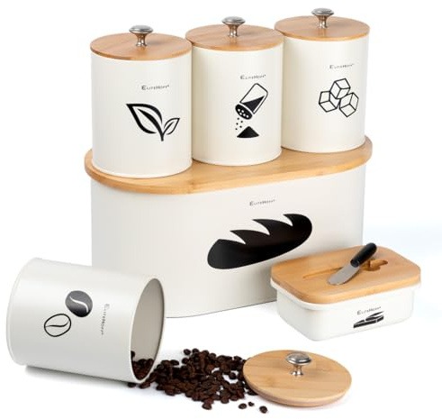 EliteHoff Lot de 4 boîtes à pain avec planche à découper et boîtes de conservation (boîte à café, boîte à thé, sucrier, salière) et beurrier avec couteau – Boîte à pain en métal avec couvercle en