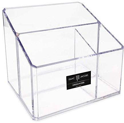 Isaac Jacobs Clear Acrylic 3-Compartment Organizer, Remote Holder & Multi-Functional Makeup, Brush, Pen & Pencil Storage Solution, for The Home, Bathroom, Office, Child’s Desk (3-Section, Clear)