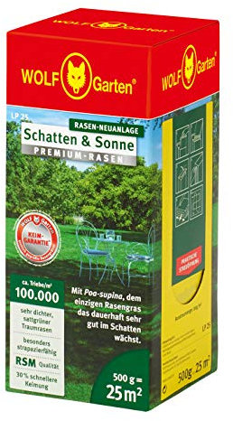 WOLF-Garten „Schatten & Sonne“ Premium-Rasen LP 25 (für 25 m², sehr hohe Dichte mit ca. 100.000 Trieben/m2, besonders strapazierfähig, hohe Schattenverträglichkeit, 500g Faltschachtel) 3820020