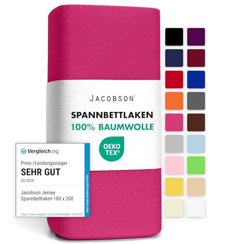 Jacobson Jersey Spannbettlaken Spannbetttuch Baumwolle Bettlaken (180x200-200x200 cm, Pink)