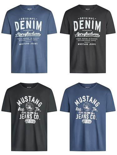 Mustang, Confezione da 4 Magliette da Uomo con Stampa Frontale e Scollo Rotondo, Colori Assortiti Blu e Nero Mix di Colori (P3). L