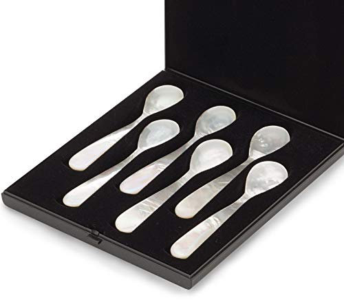 Löffel Set aus Perlmutt (Salzwassermuschel) ca. 11 cm - Naturprodukt - 6 kleine Eierlöffel oder Kavierlöffel - auch für Marmelade, Konfitüre, Eis oder Dips - mit Etui