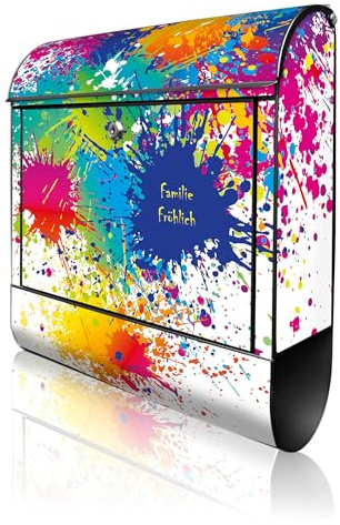 banjado Design Briefkasten personalisiert 38,5x46,5x13cm & 2 Schlüssel - Briefkasten Stahl Schwarz Zeitungsfach pulverbeschichtet - Postkasten A4 Einwurf inkl. Montagematerial - Motiv Farbspritzer